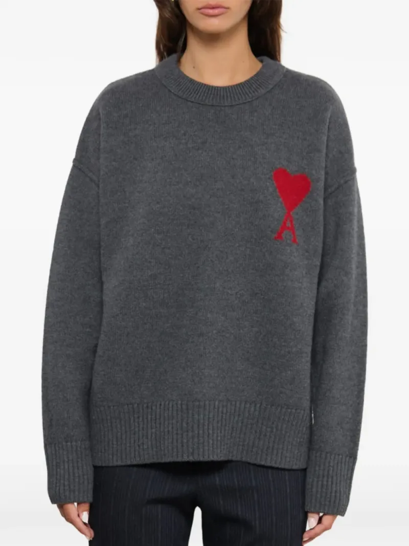 Ami Paris — Grey crewneck wool sweater with Ami de Coeur — Photo 2 of 3